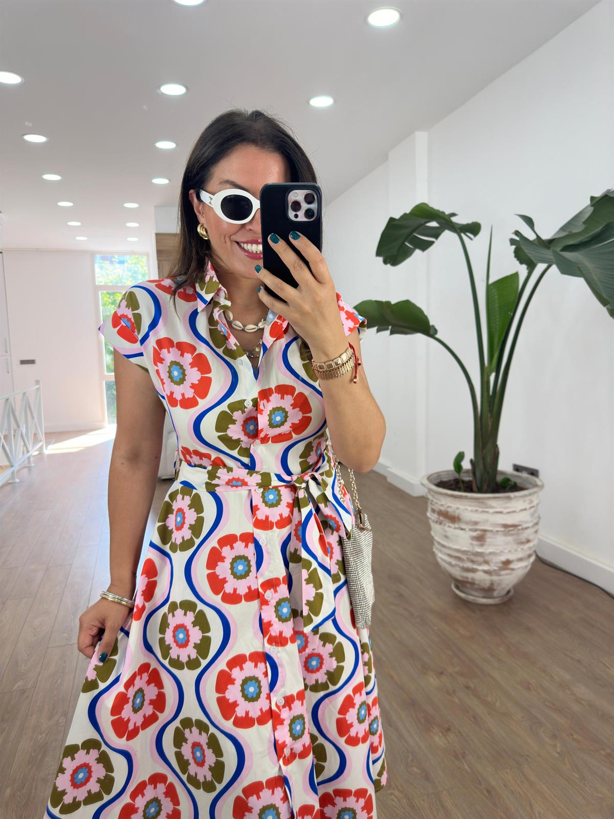 Beli Kuşaklı Çiçekli Poplin Elbise