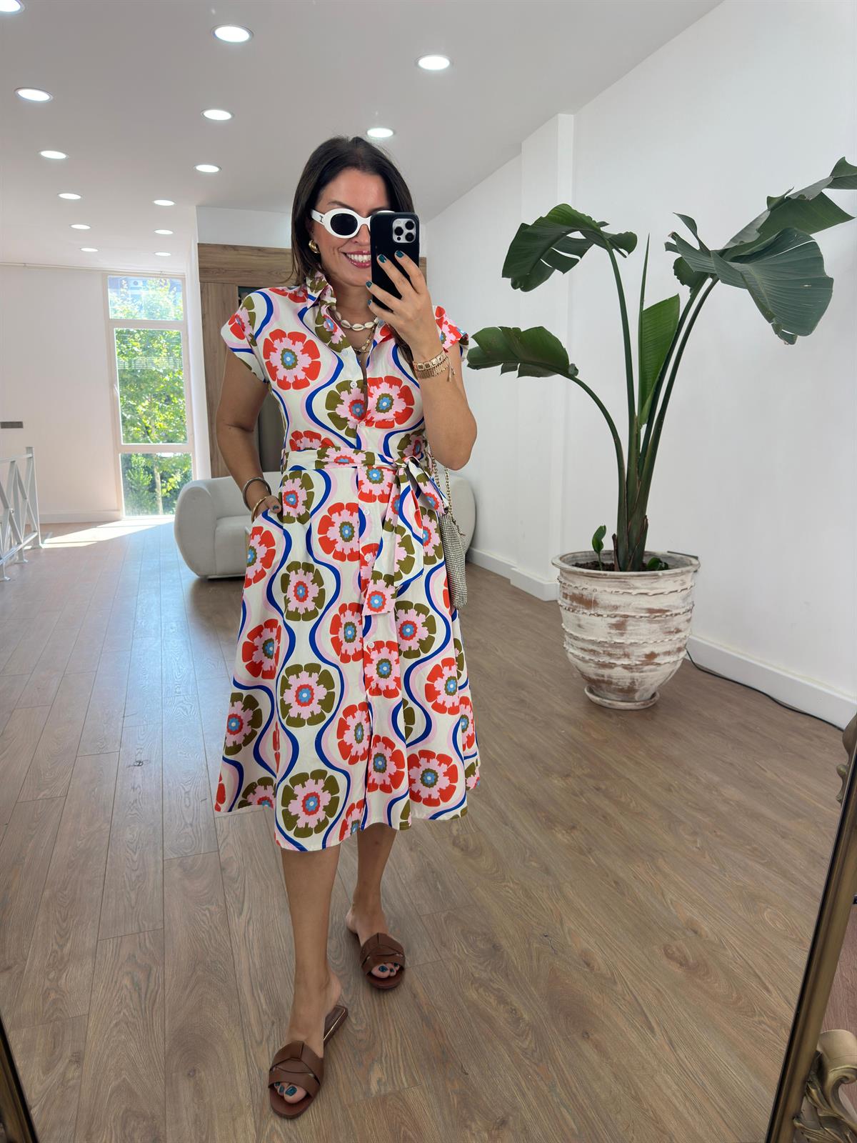 Beli Kuşaklı Çiçekli Poplin Elbise