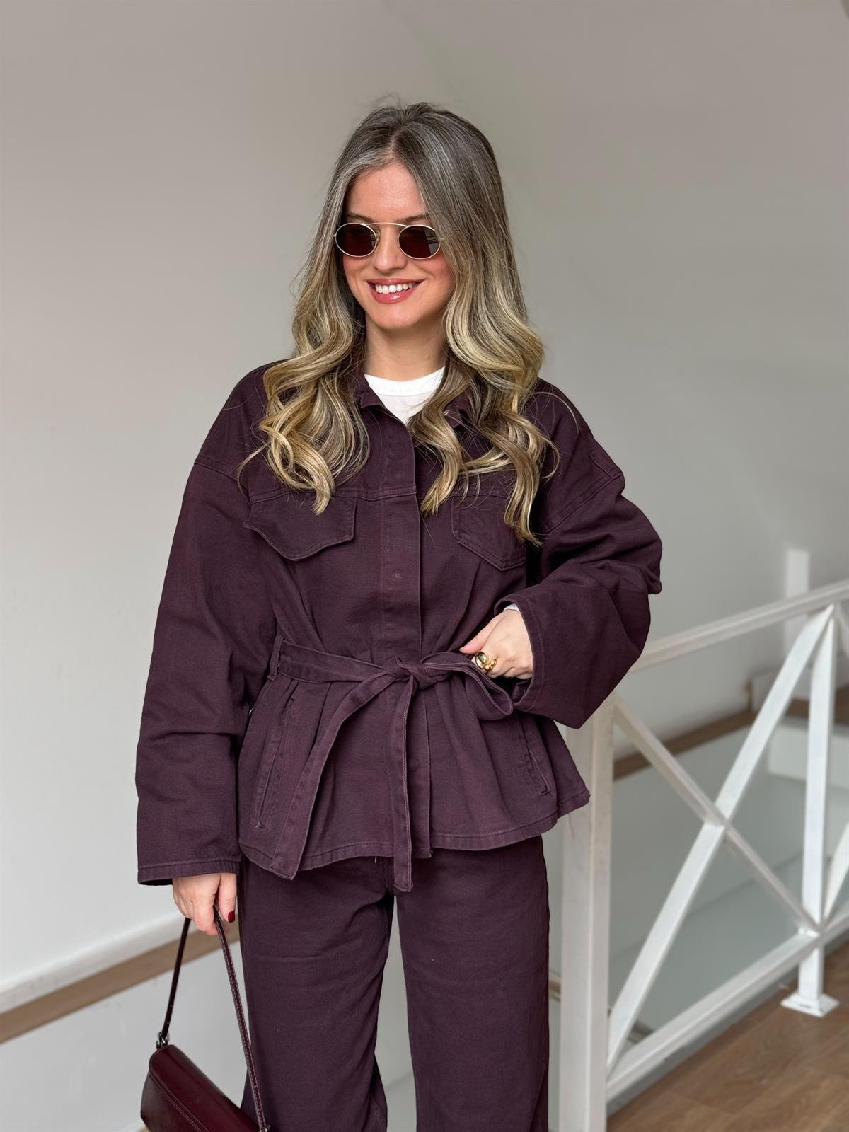 Beli Kuşaklı Denim Takım - Bordo