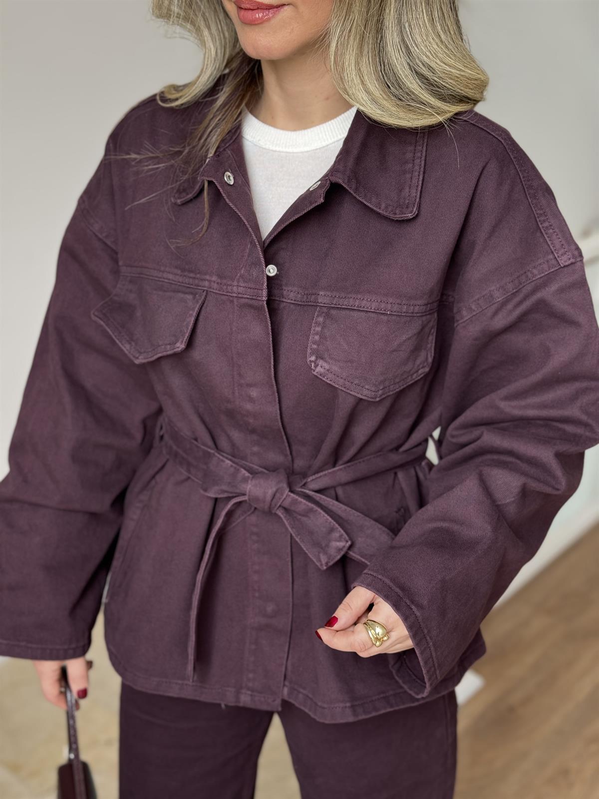 Beli Kuşaklı Denim Takım - Bordo