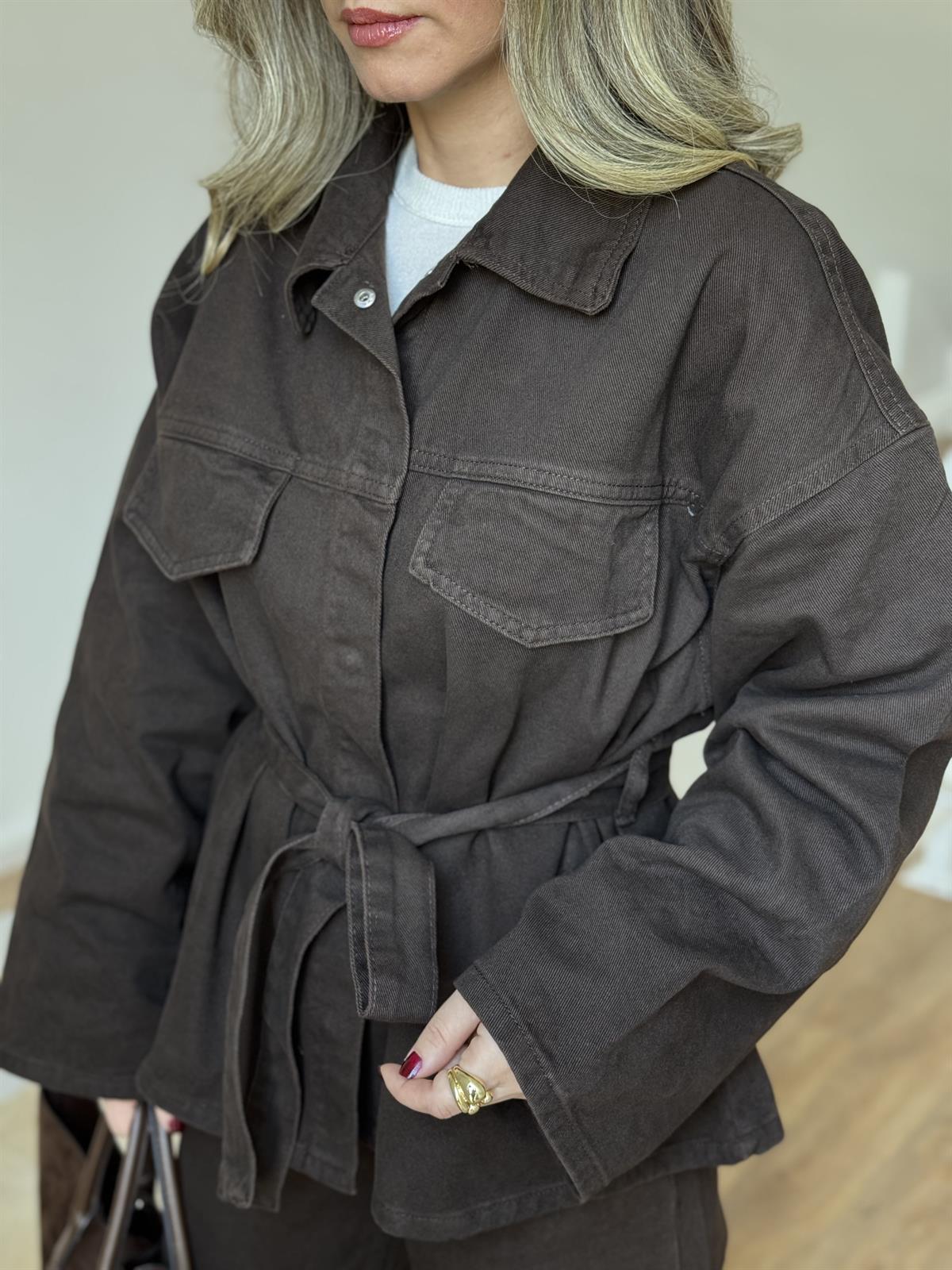 Beli Kuşaklı Denim Takım - Kahverengi