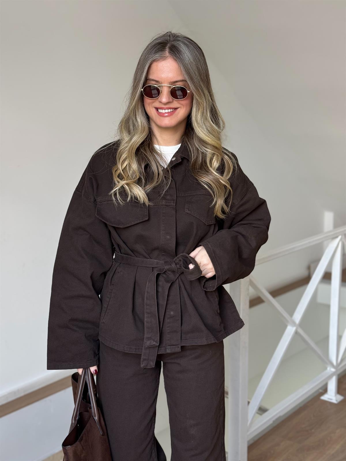 Beli Kuşaklı Denim Takım - Kahverengi