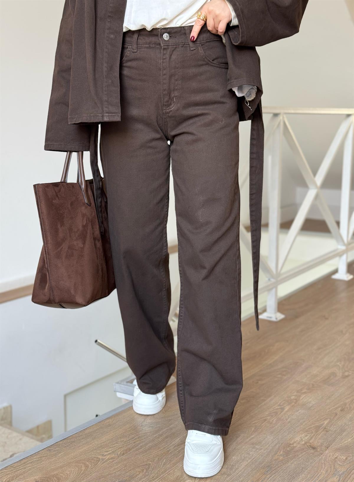 Beli Kuşaklı Denim Takım - Kahverengi