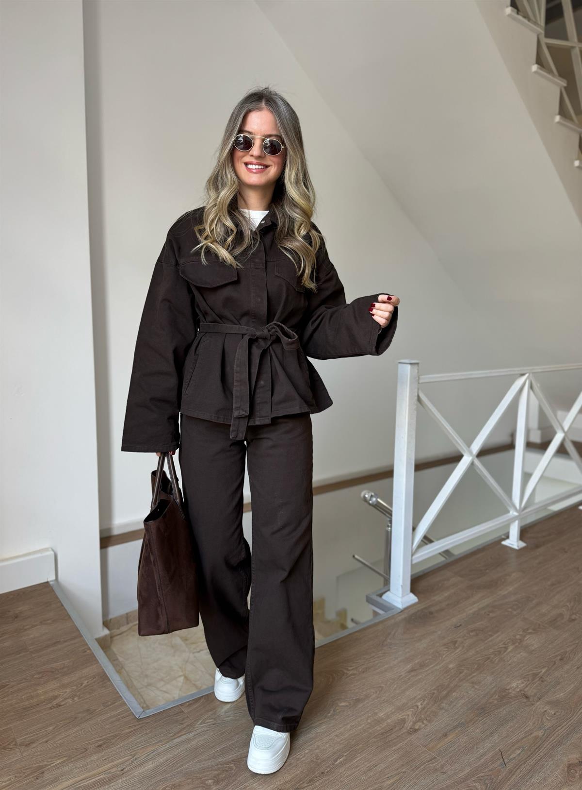 Beli Kuşaklı Denim Takım - Kahverengi