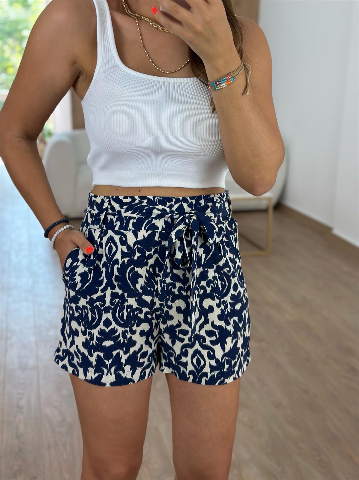 Beli Kuşaklı Desenli Tnsel Şort