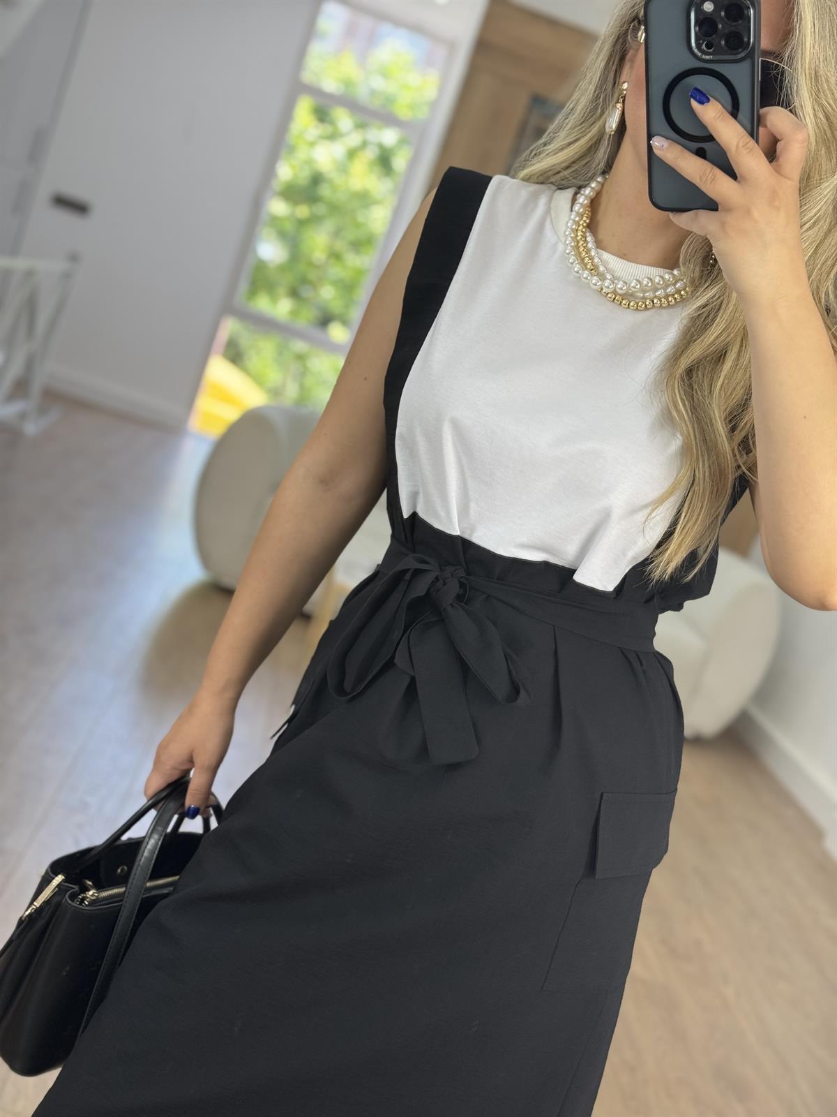 Beli Kuşaklı Kargo Cepli Elbise-Siyah