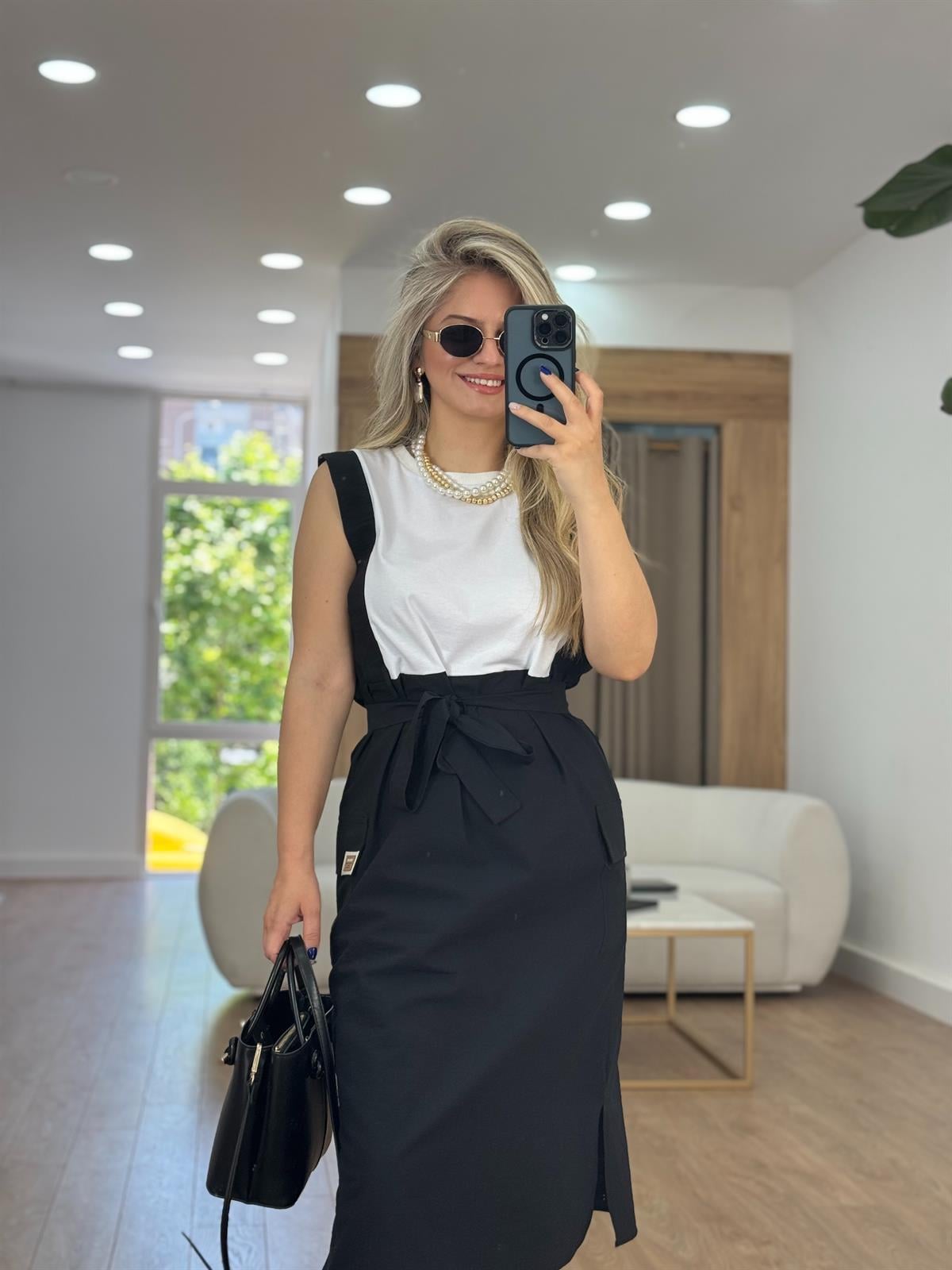 Beli Kuşaklı Kargo Cepli Elbise-Siyah