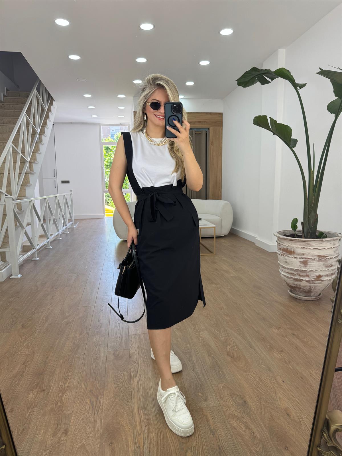 Beli Kuşaklı Kargo Cepli Elbise-Siyah