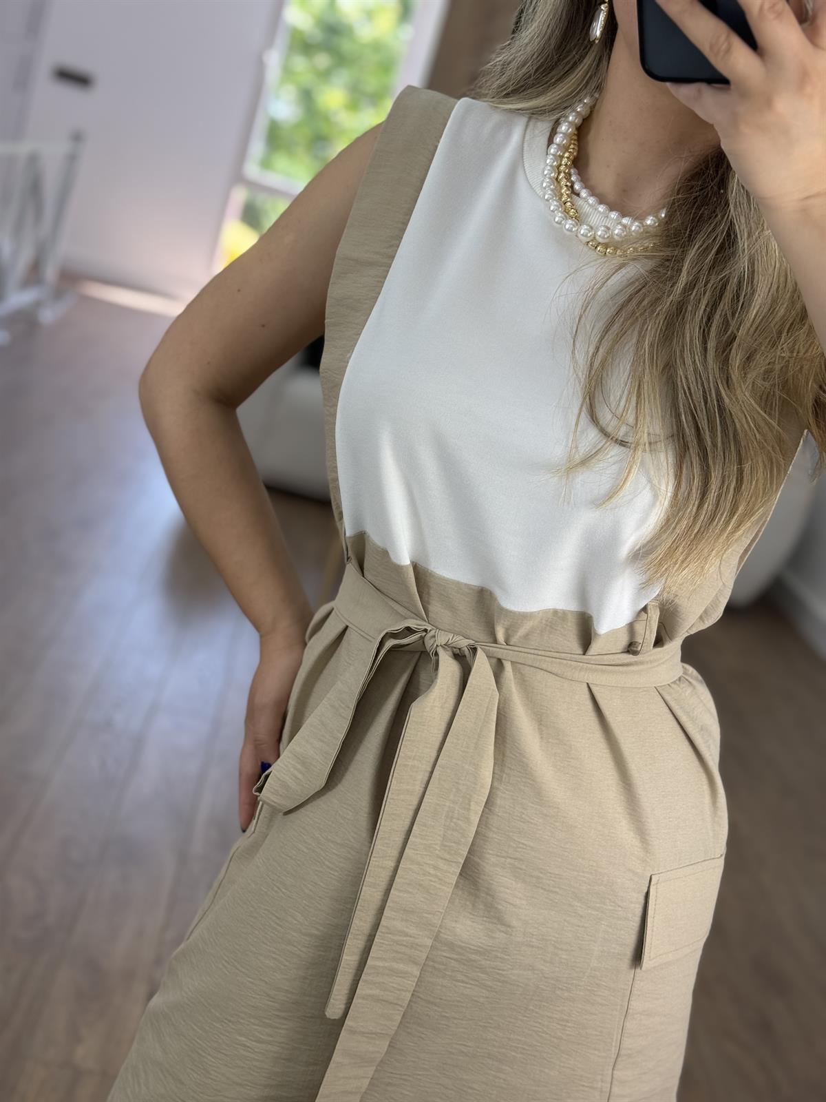 Beli Kuşaklı Kargo Cepli Elbise-Taş