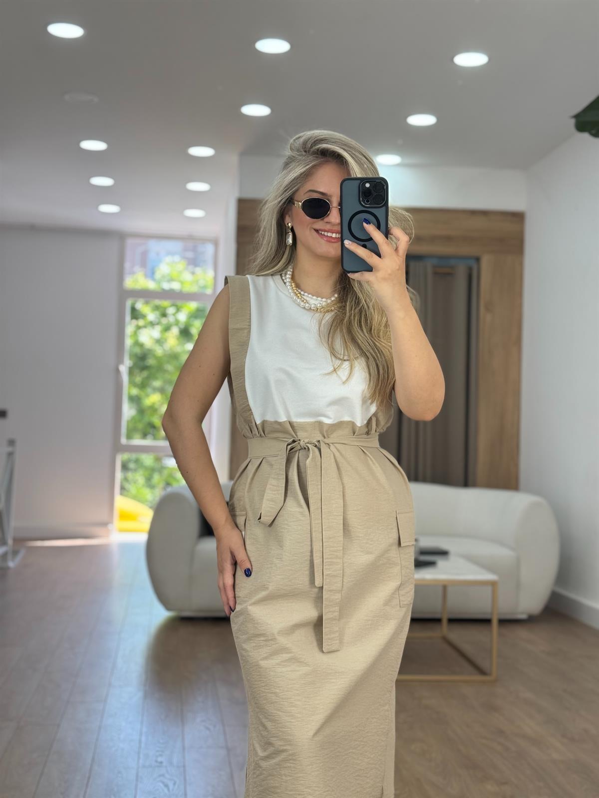 Beli Kuşaklı Kargo Cepli Elbise-Taş