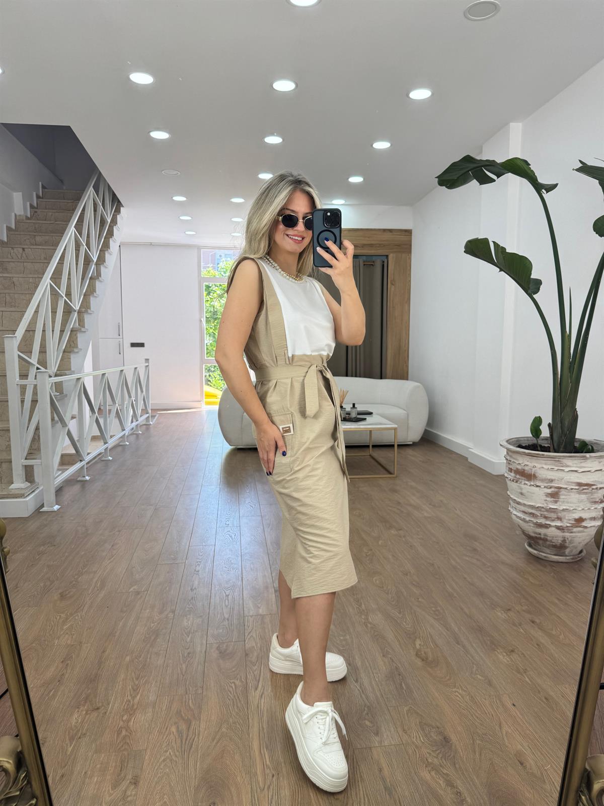 Beli Kuşaklı Kargo Cepli Elbise-Taş