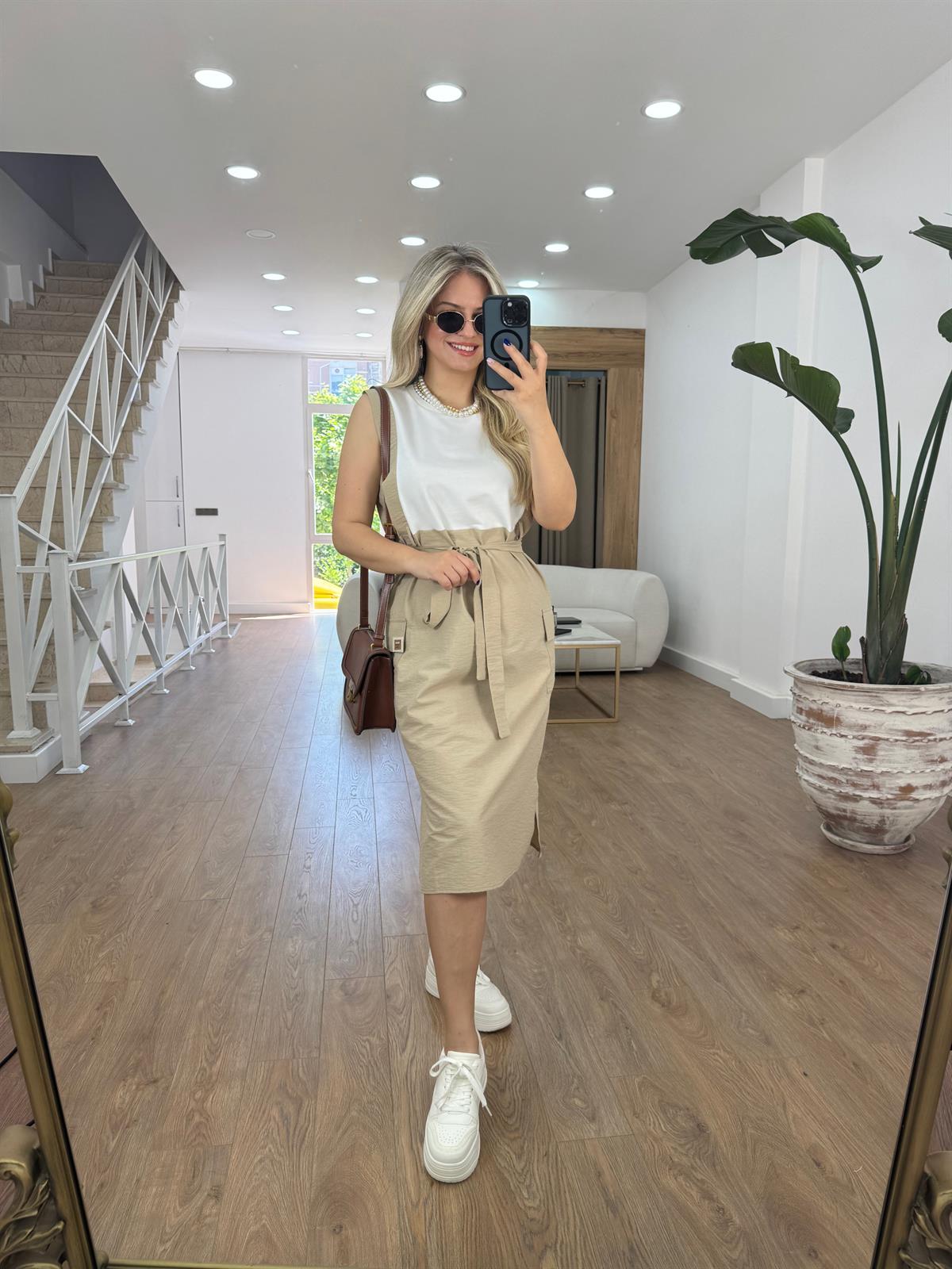 Beli Kuşaklı Kargo Cepli Elbise-Taş