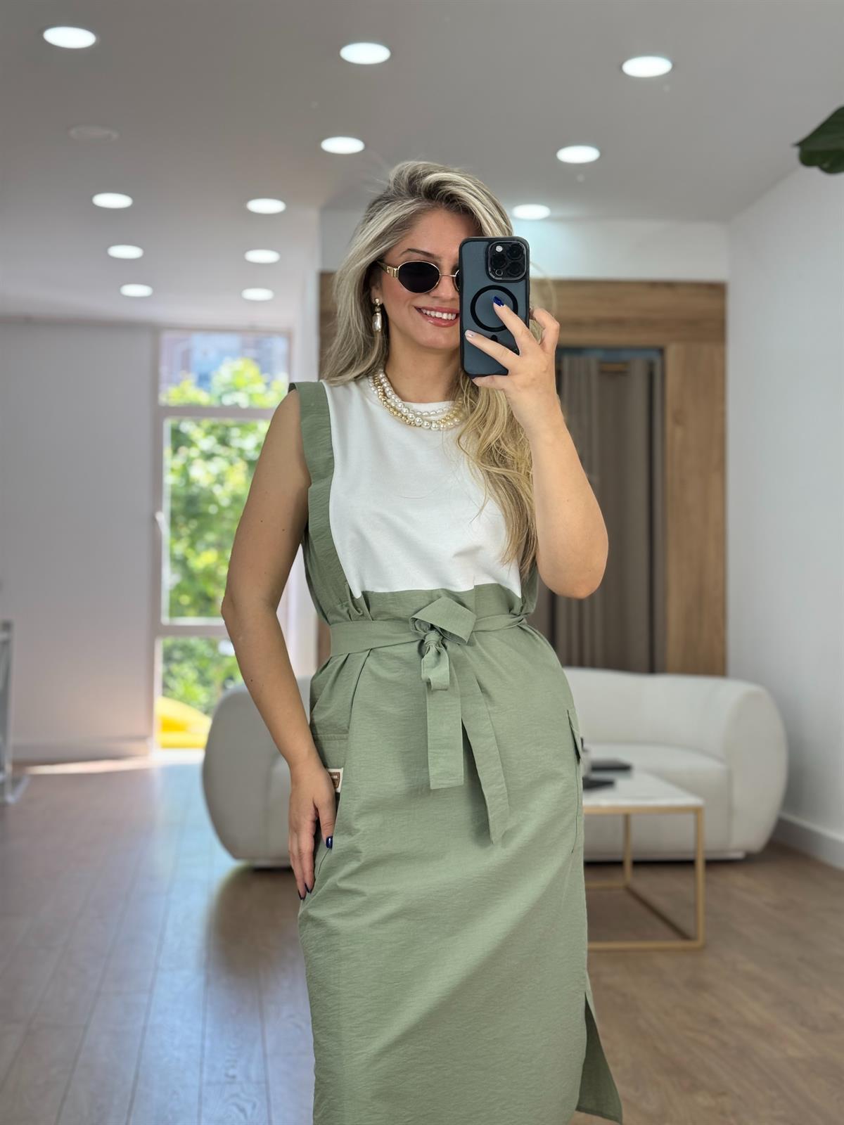 Beli Kuşaklı Kargo Cepli Elbise-Yeşil