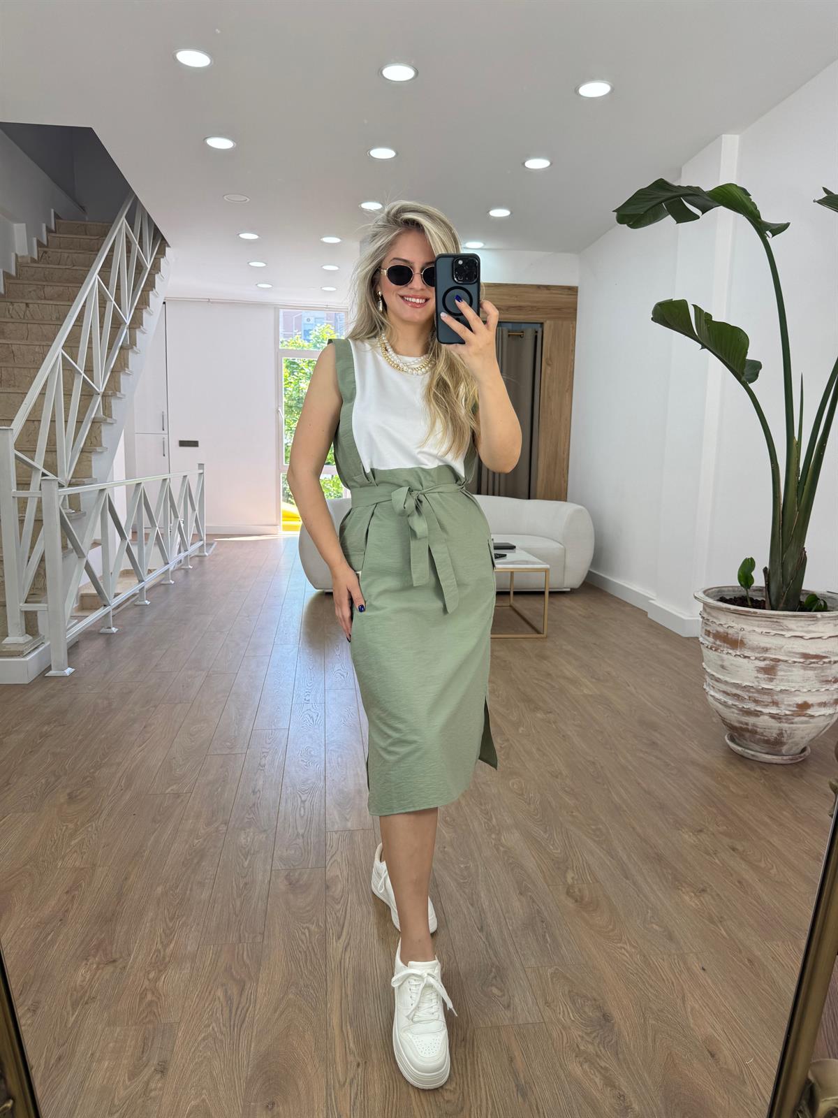 Beli Kuşaklı Kargo Cepli Elbise-Yeşil