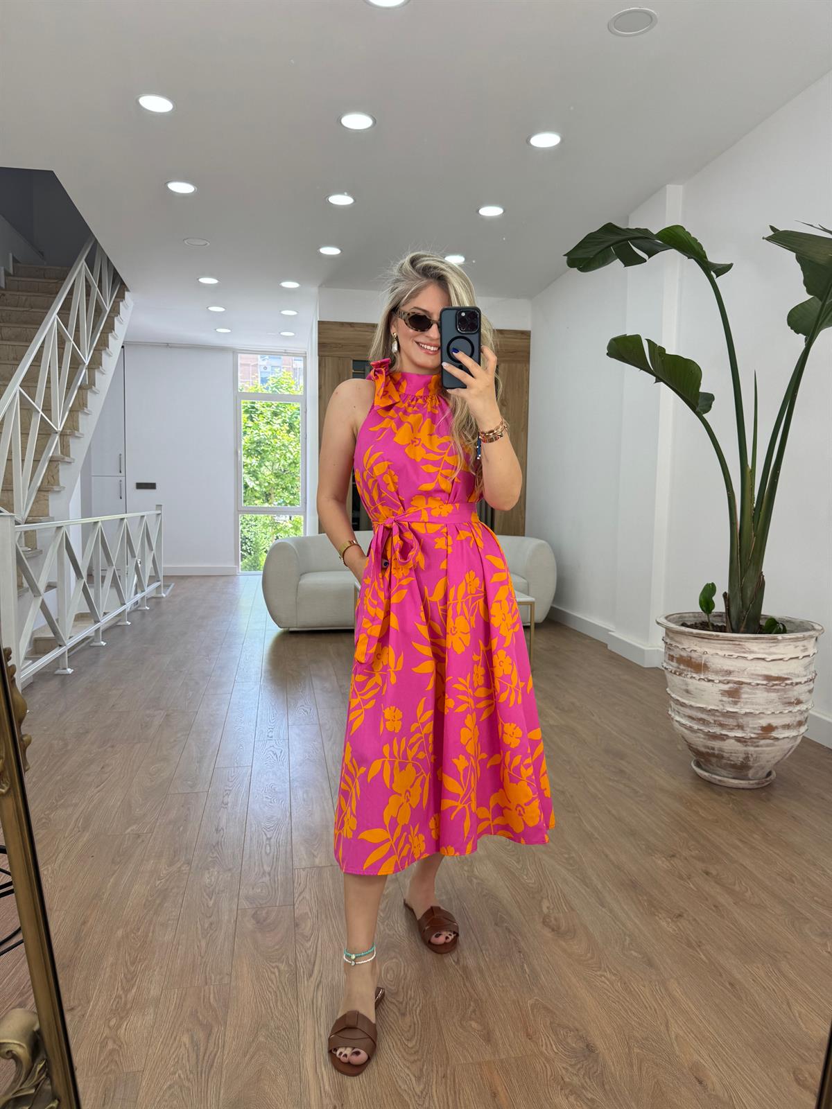 Beli Kuşaklı Renkli Poplin Elbise