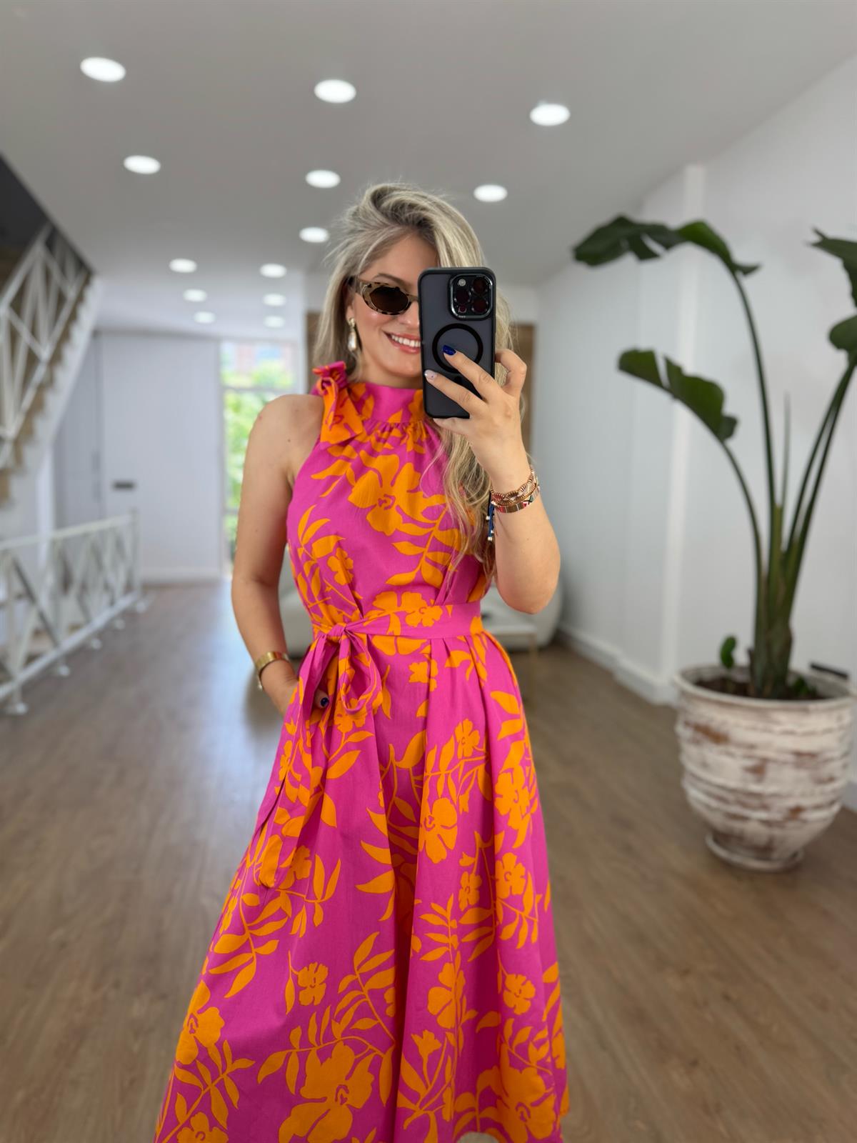 Beli Kuşaklı Renkli Poplin Elbise