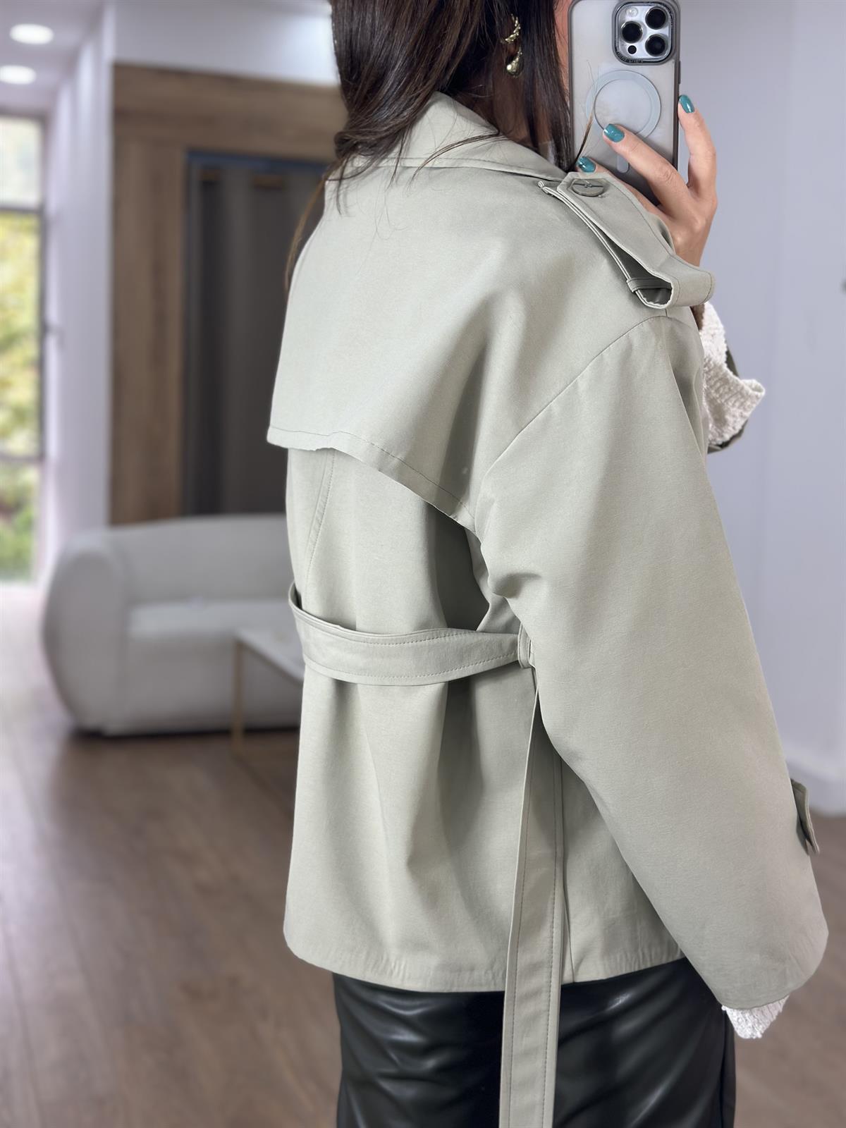 Beli Kuşaklı Vatkalı Trençkot - Su Yeşili