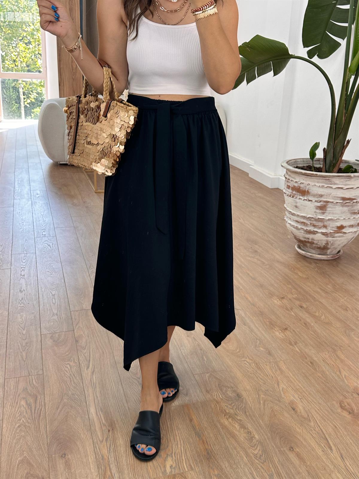 Beli Lastikli Bağlama Detaylı Salaş Etek - Siyah