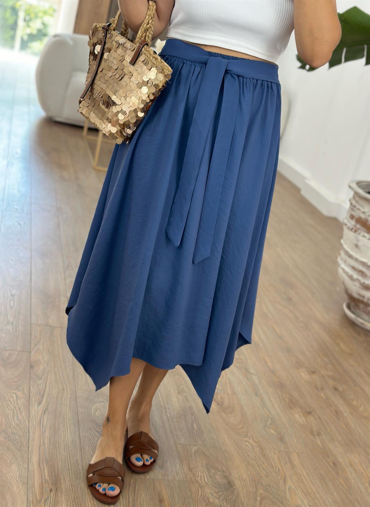 Beli Lastikli Bağlama Detaylı Salaş Etek - İndigo