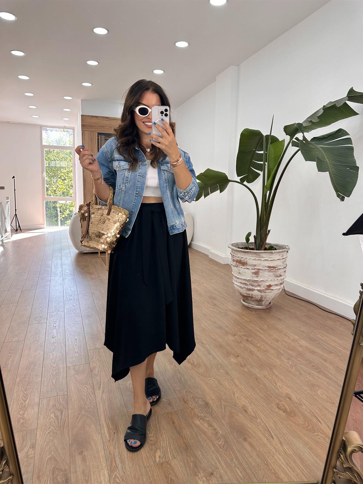 Beli Lastikli Bağlama Detaylı Salaş Etek - Siyah