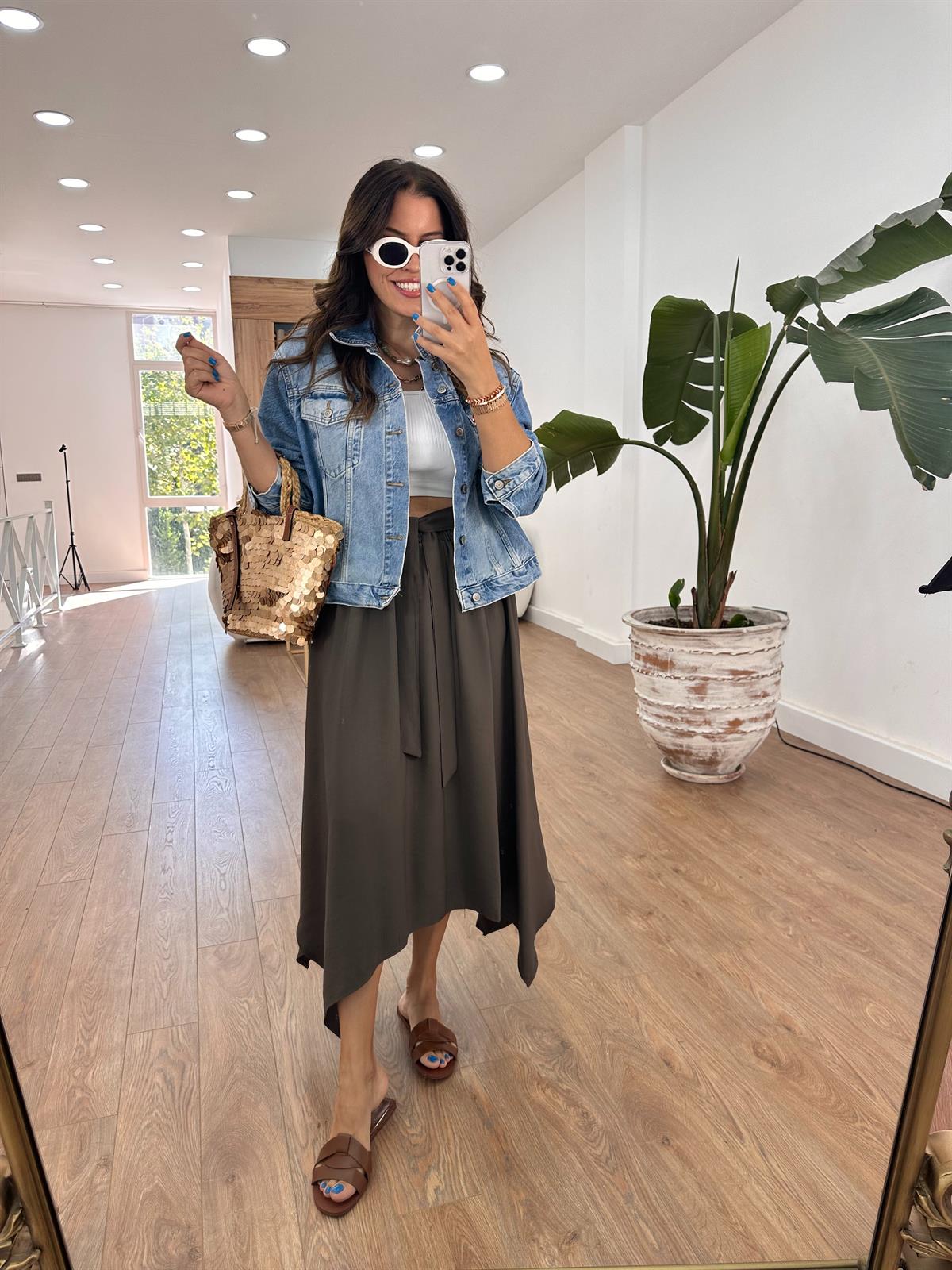 Beli Lastikli Bağlama Detaylı Salaş Etek - Haki