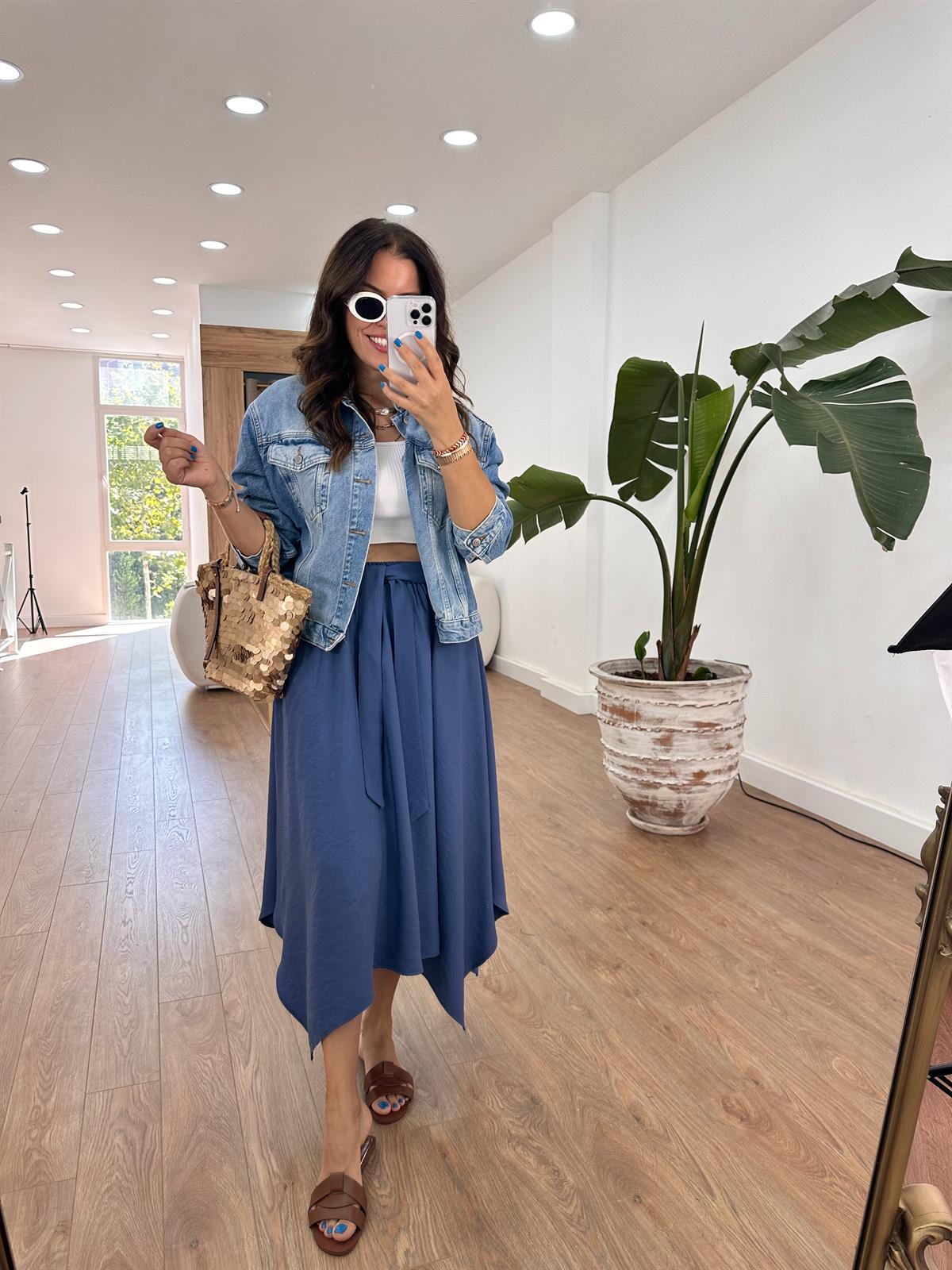 Beli Lastikli Bağlama Detaylı Salaş Etek - İndigo