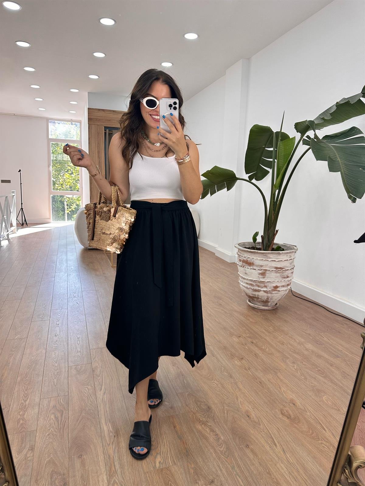 Beli Lastikli Bağlama Detaylı Salaş Etek - Siyah