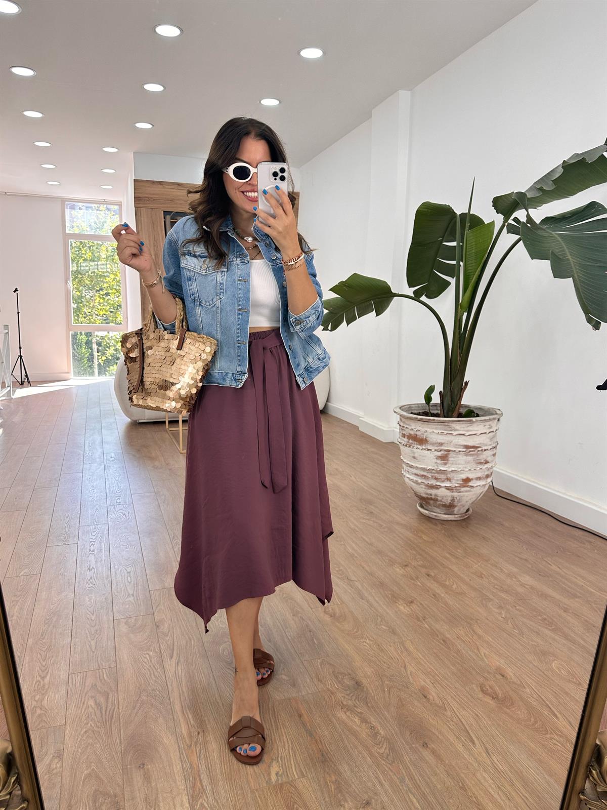 Beli Lastikli Bağlama Detaylı Salaş Etek - Bordo