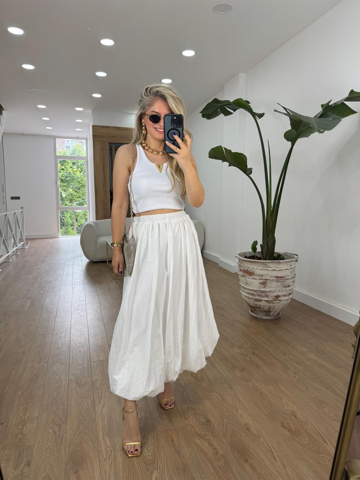 Beli Lastikli Balon Etek-Beyaz