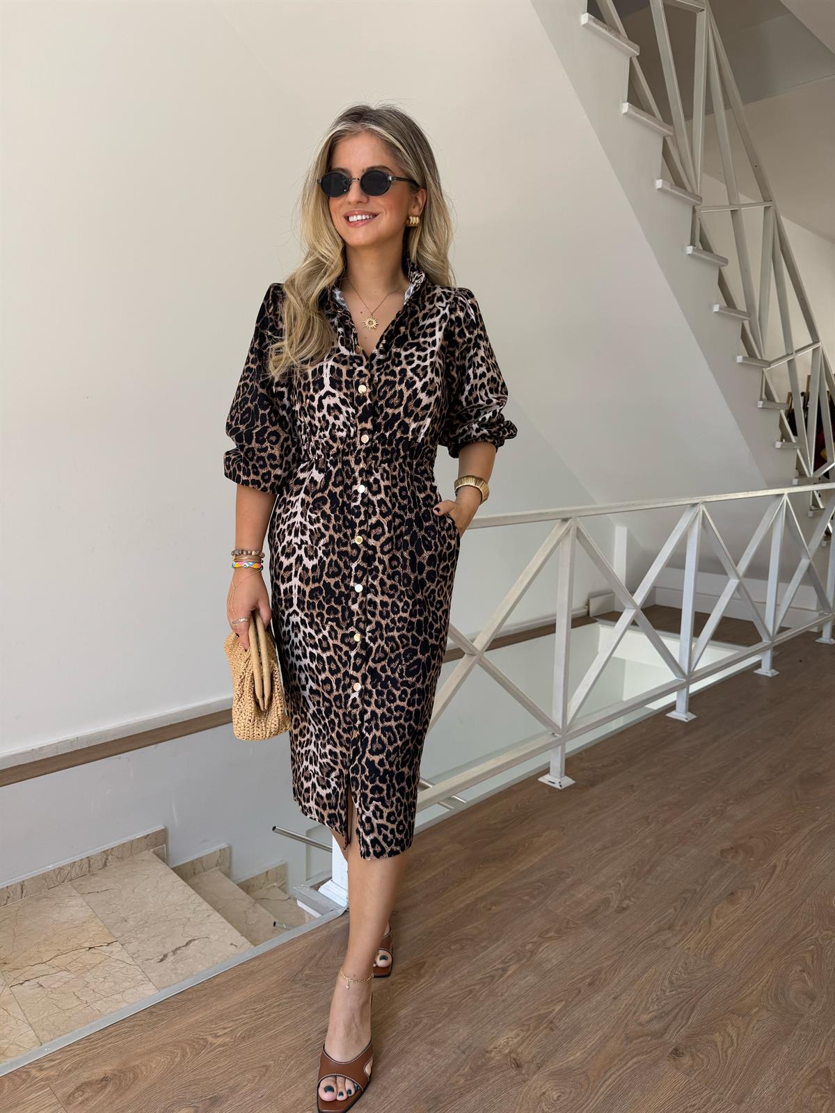 Beli Lastikli Balon Kol Leopar Elbise - Kahverengi