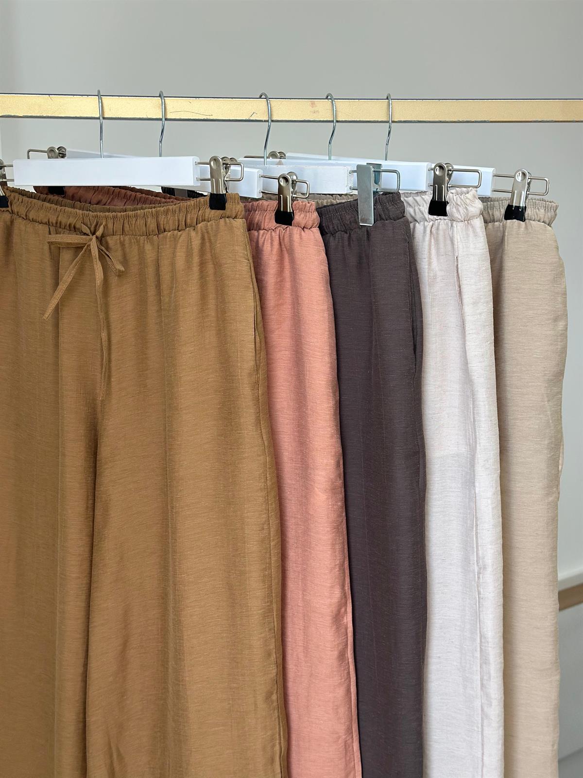 Beli Lastikli Bol Paça Keten Pantolon-Vizon