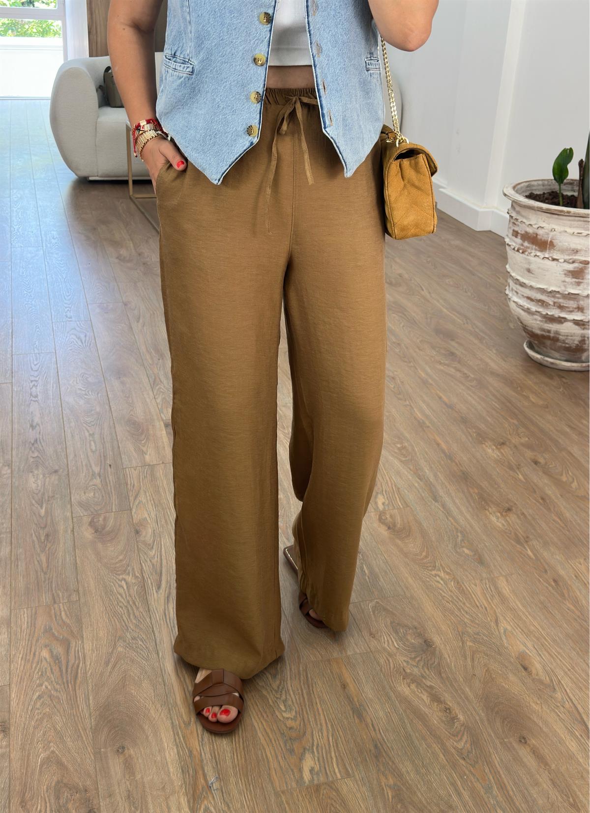 Beli Lastikli Bol Paça Keten Pantolon-Olive