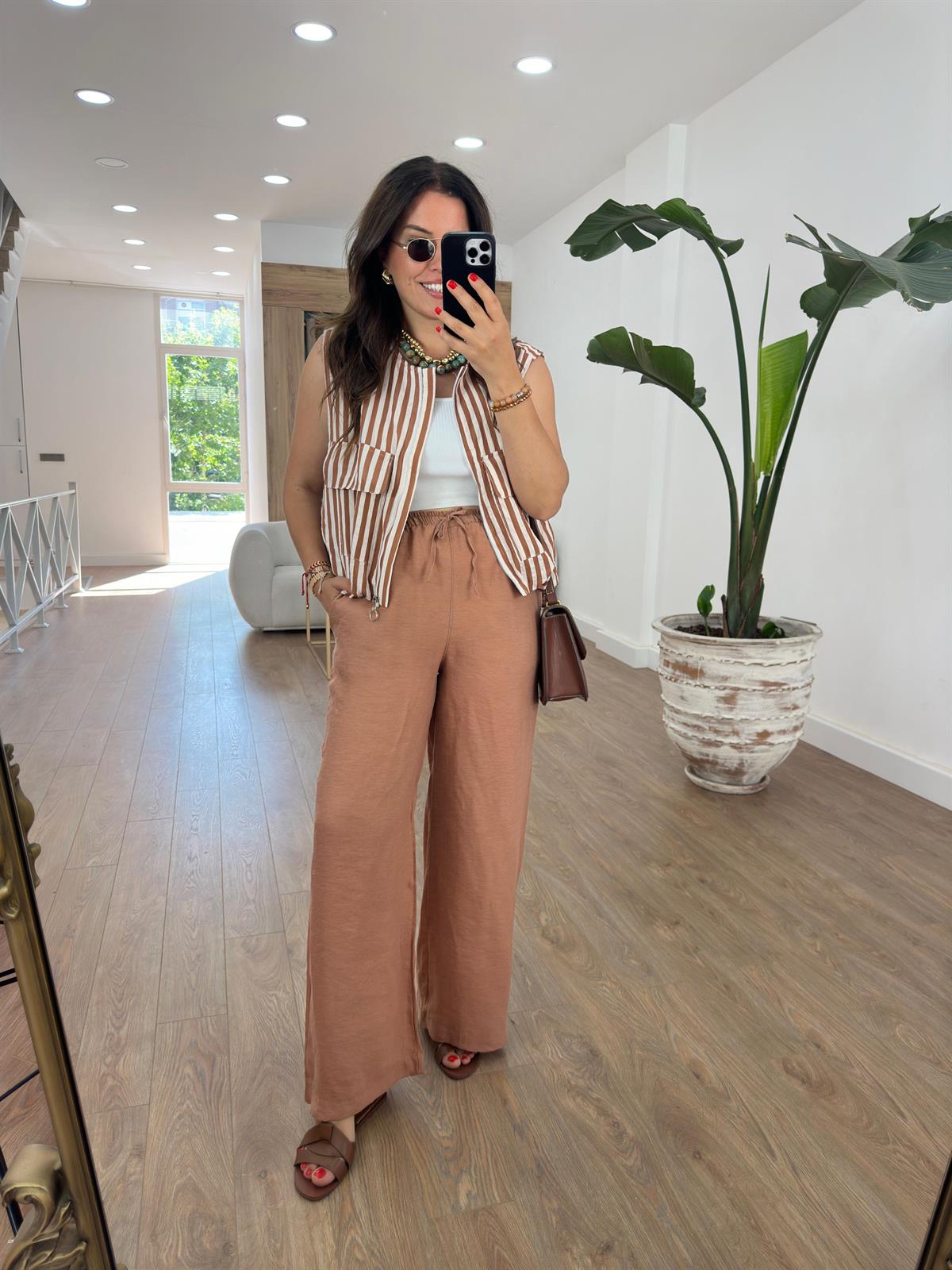 Beli Lastikli Bol Paça Keten Pantolon-Somon