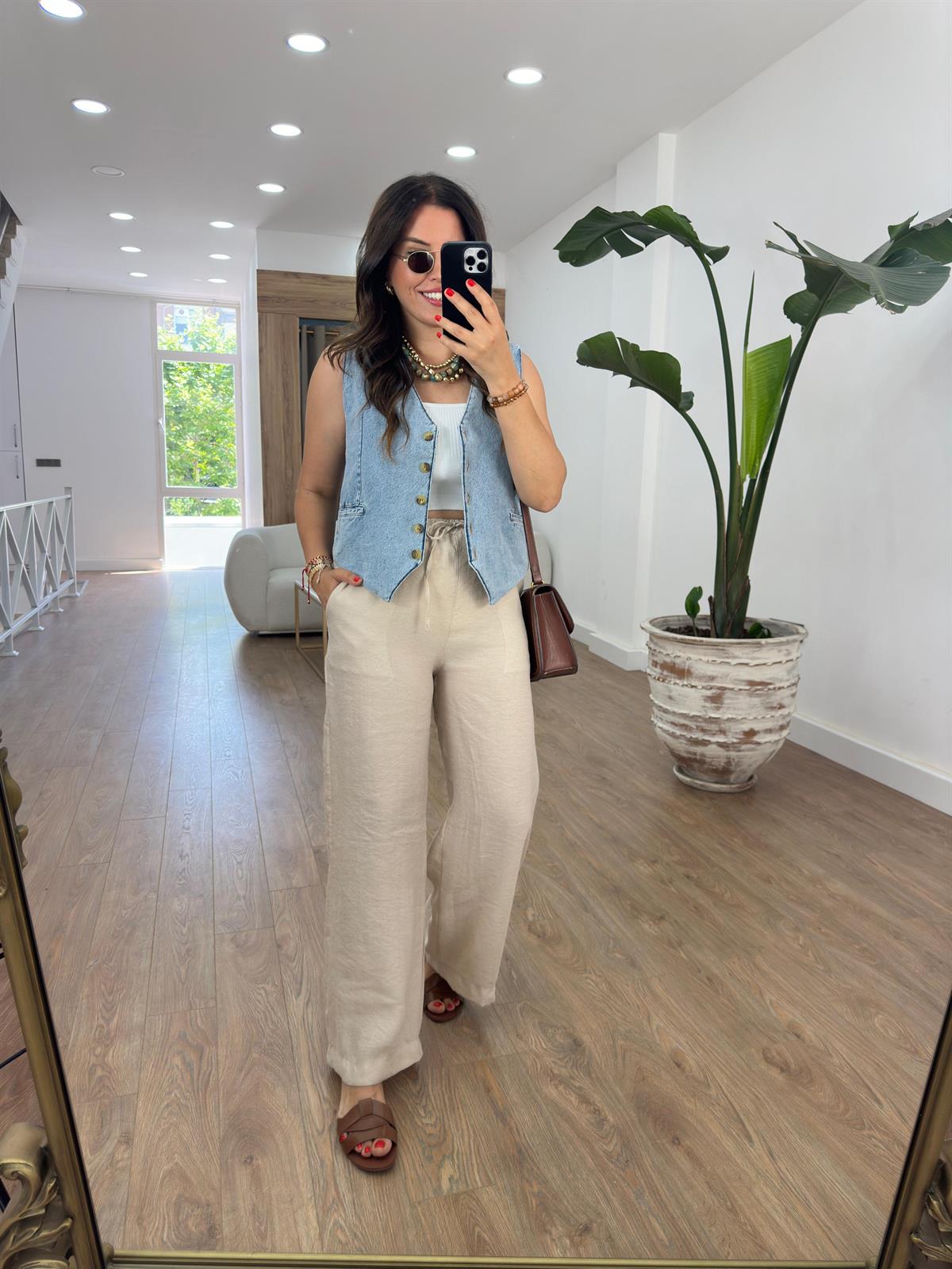 Beli Lastikli Bol Paça Keten Pantolon-Taş