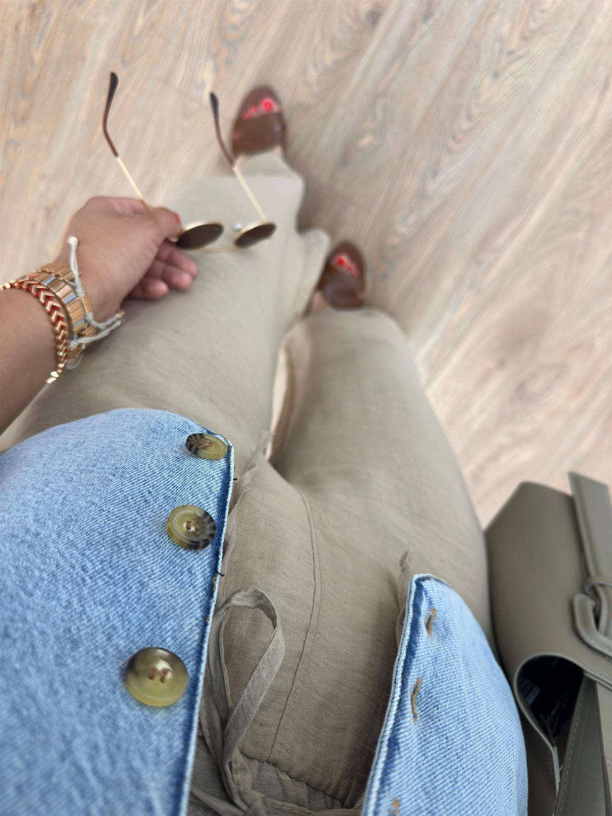 Beli Lastikli Bol Paça Keten Pantolon-Vizon