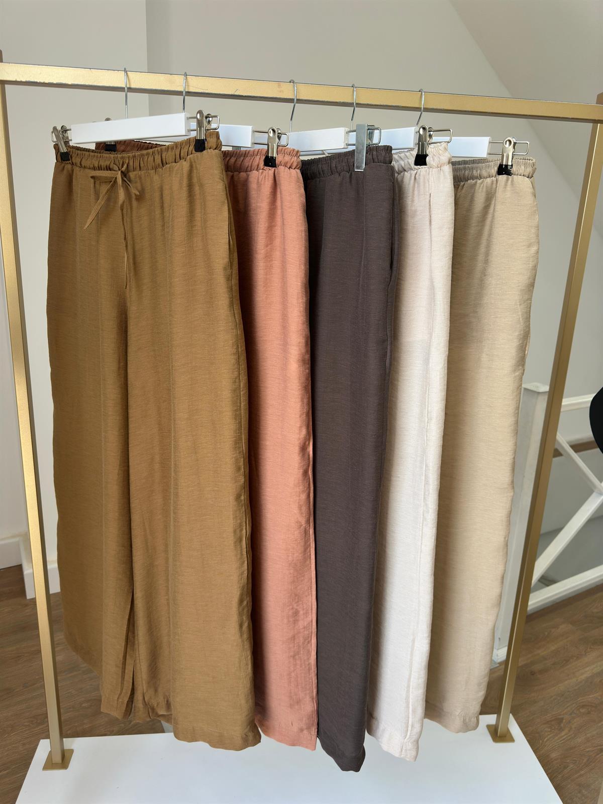 Beli Lastikli Bol Paça Keten Pantolon-Taş