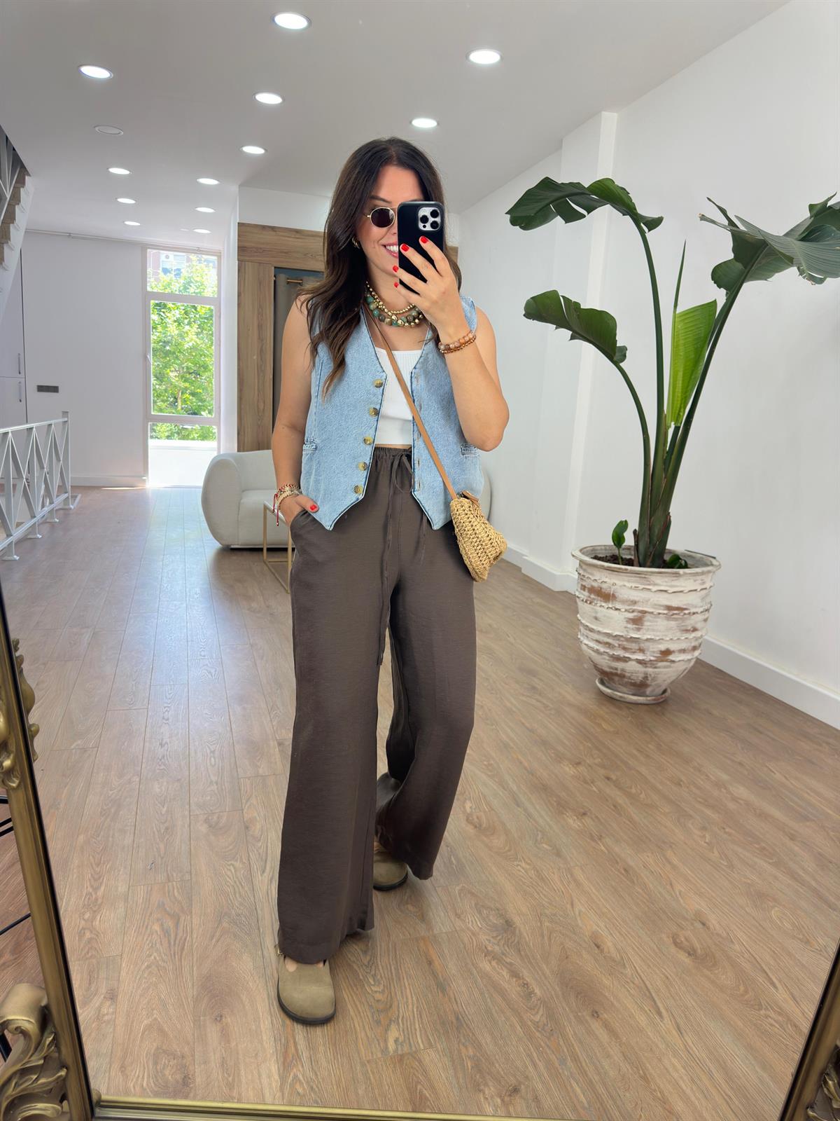 Beli Lastikli Bol Paça Keten Pantolon-Kahverengi 