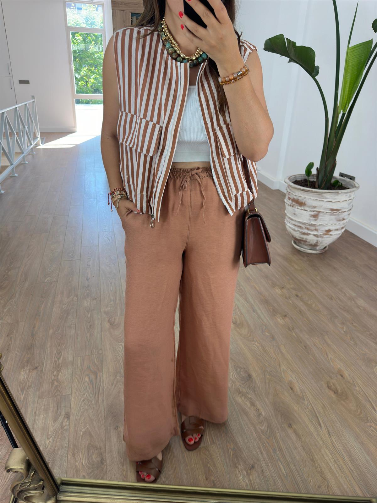 Beli Lastikli Bol Paça Keten Pantolon-Somon