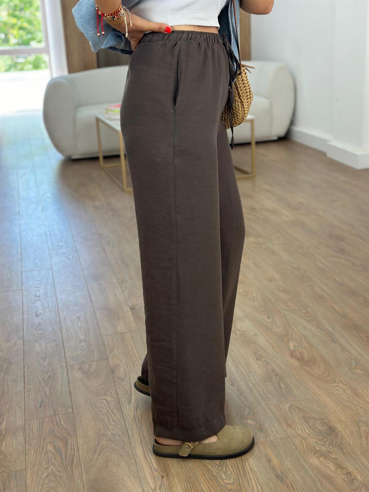 Beli Lastikli Bol Paça Keten Pantolon-Kahverengi 