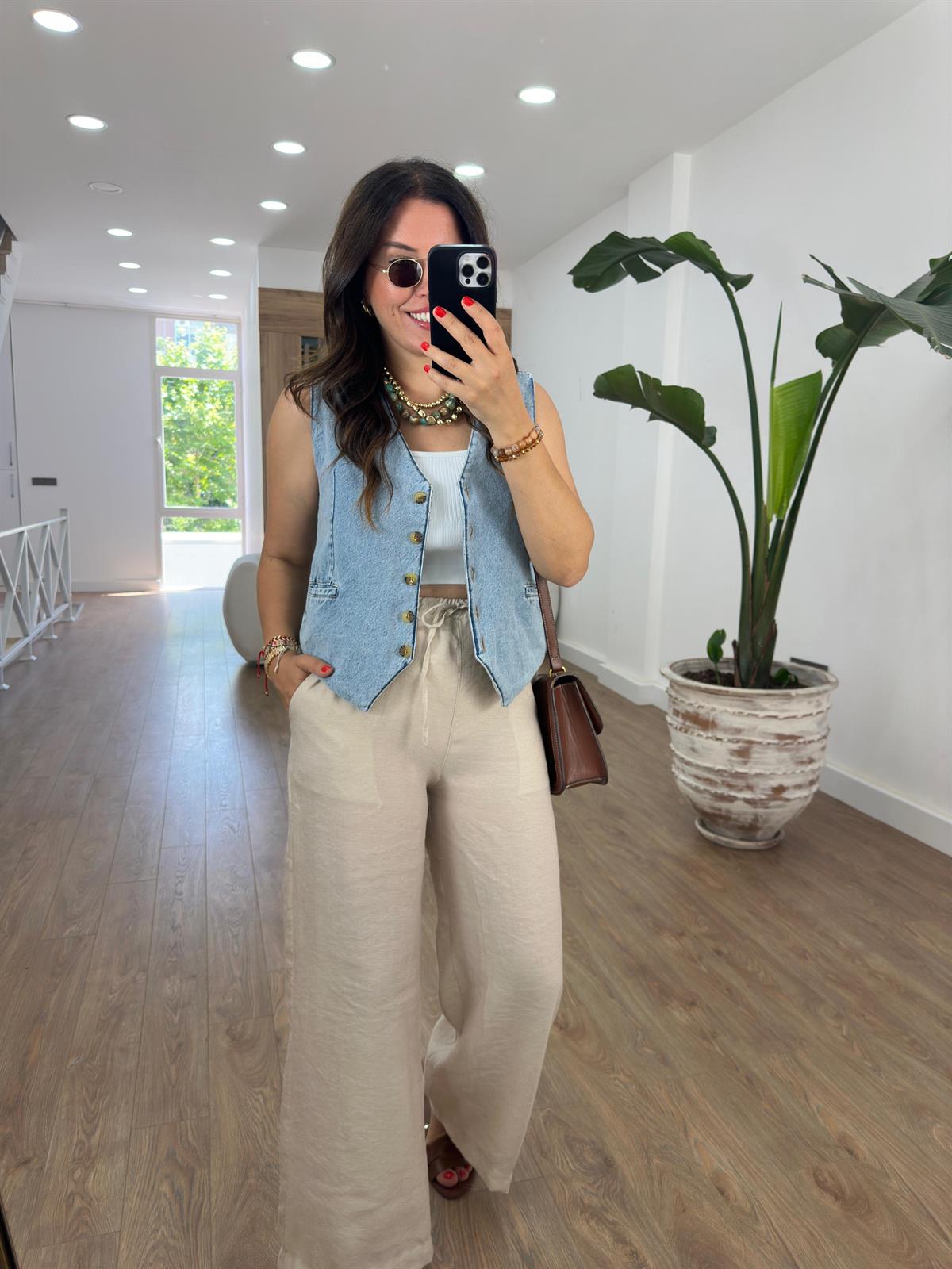 Beli Lastikli Bol Paça Keten Pantolon-Taş