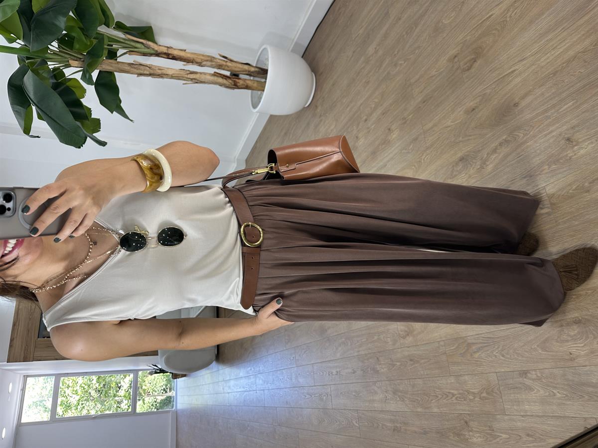 Beli Lastikli Bol Paça Modal Pantolon - Kahverengi