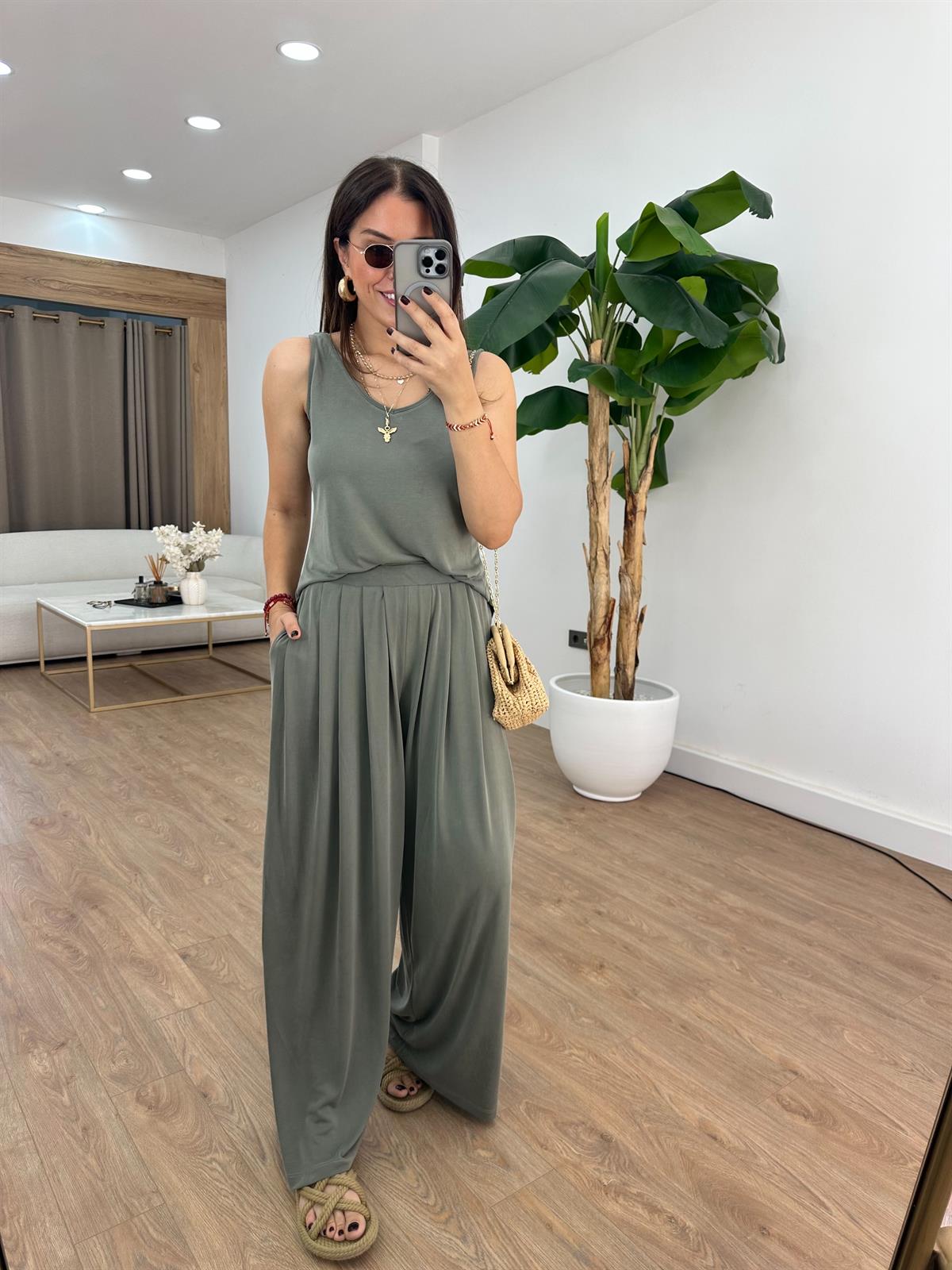 Beli Lastikli Bol Paça Modal Pantolon - Haki