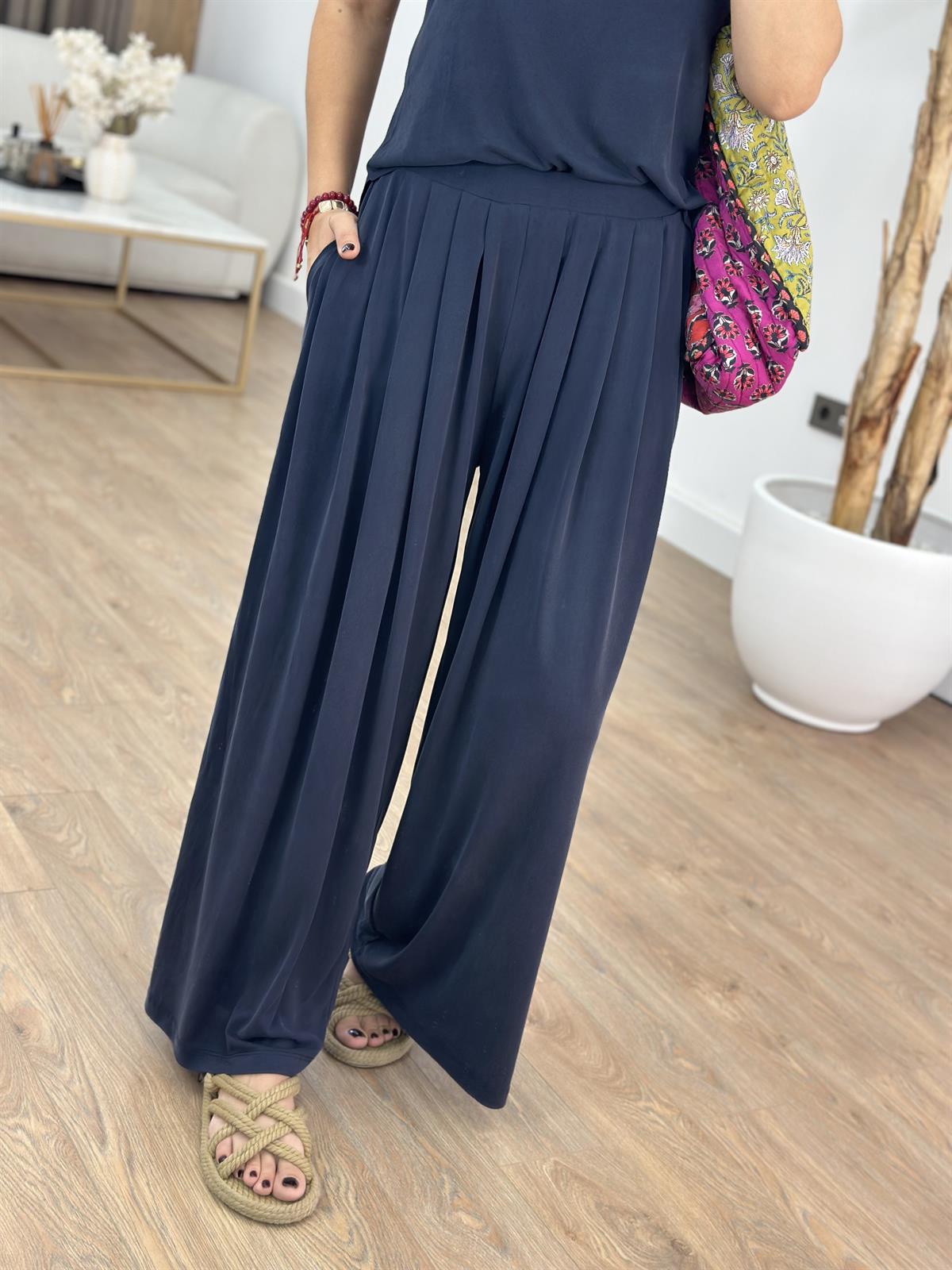 Beli Lastikli Bol Paça Modal Pantolon - Lacivert