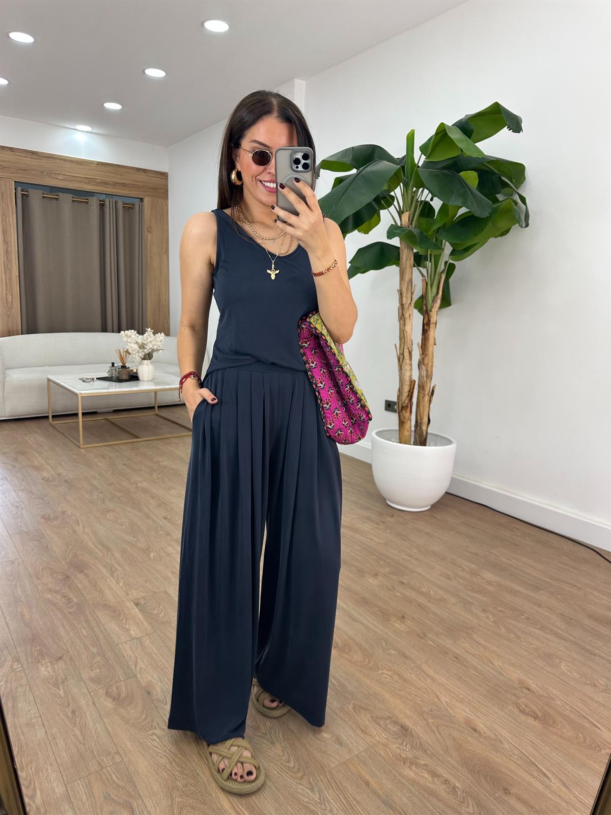 Beli Lastikli Bol Paça Modal Pantolon - Lacivert