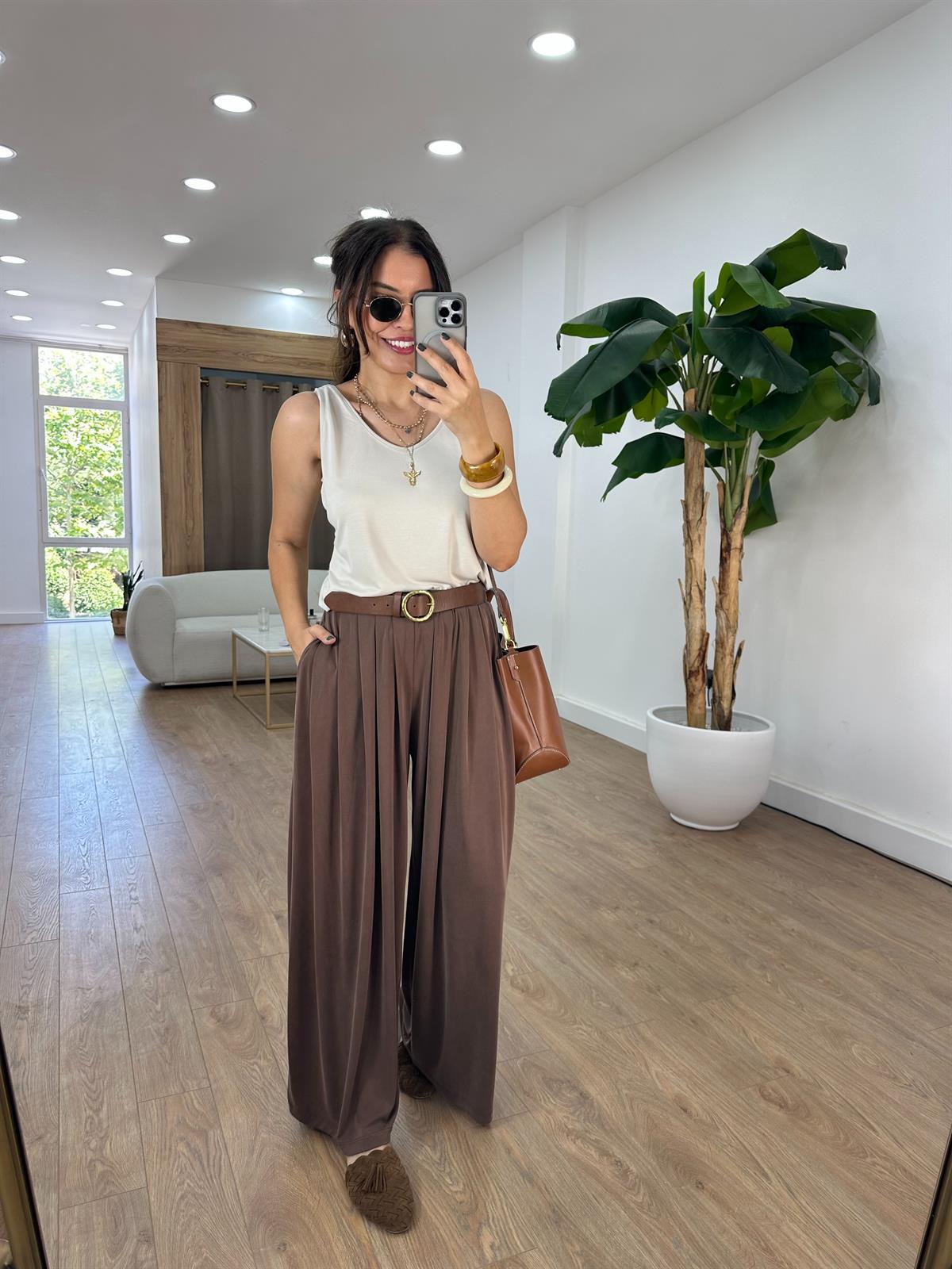 Beli Lastikli Bol Paça Modal Pantolon - Kahverengi