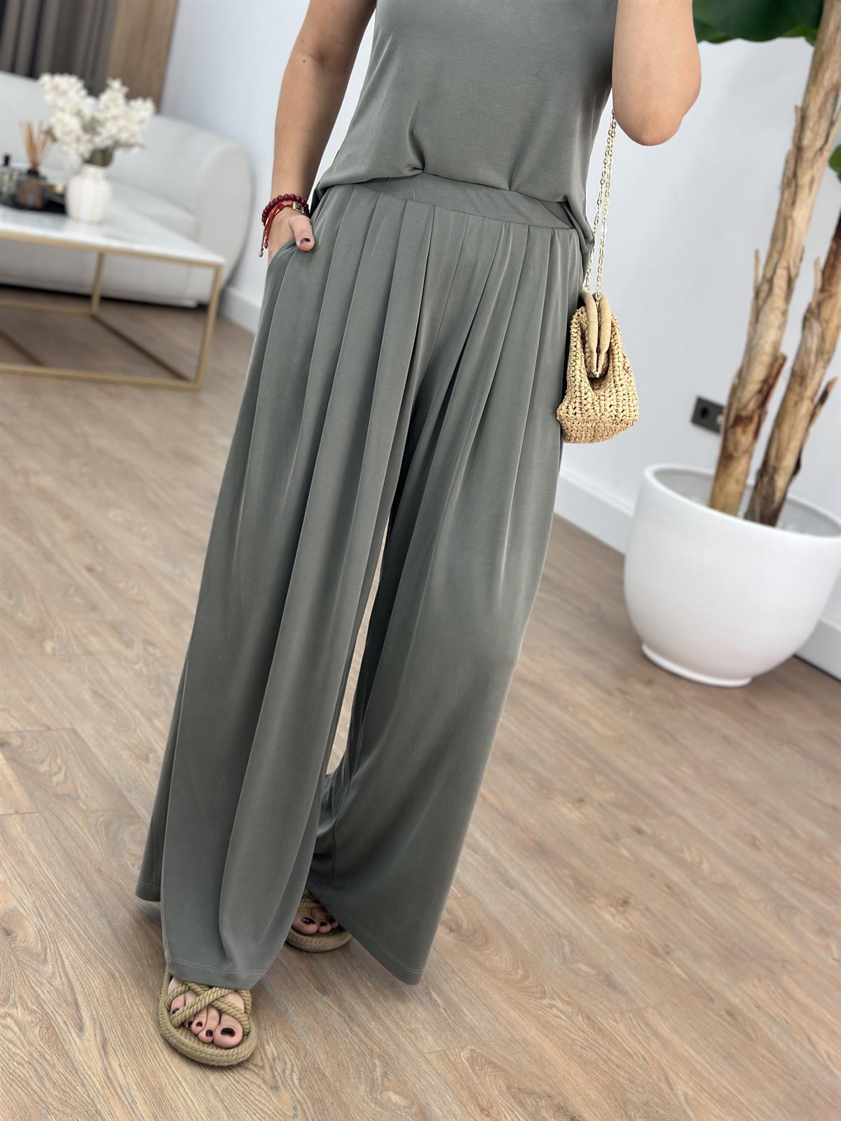 Beli Lastikli Bol Paça Modal Pantolon - Haki