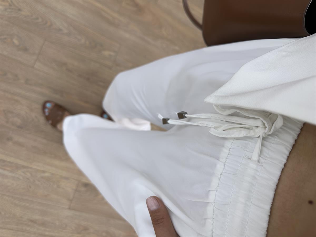 Beli Lastikli Bol Paça Pantolon - Beyaz