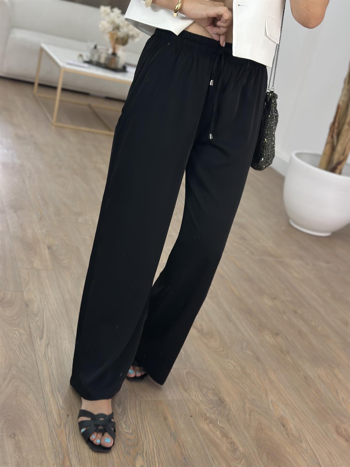 Beli Lastikli Bol Paça Pantolon - Siyah