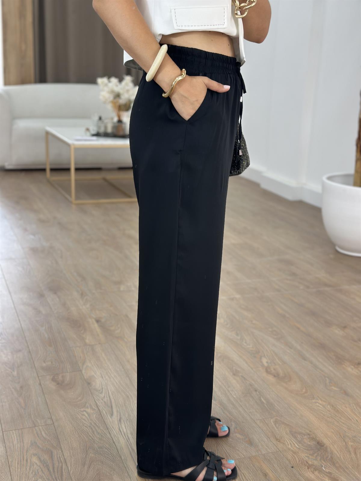 Beli Lastikli Bol Paça Pantolon - Siyah