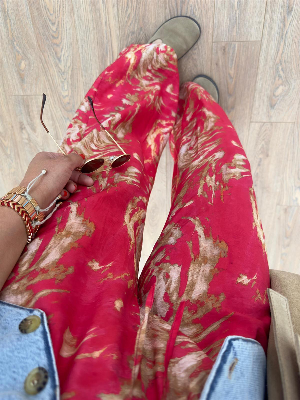 Beli Lastikli Bol Paça Renkli Pantolon